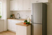 Frigider modern din inox într-o bucătărie luminoasă